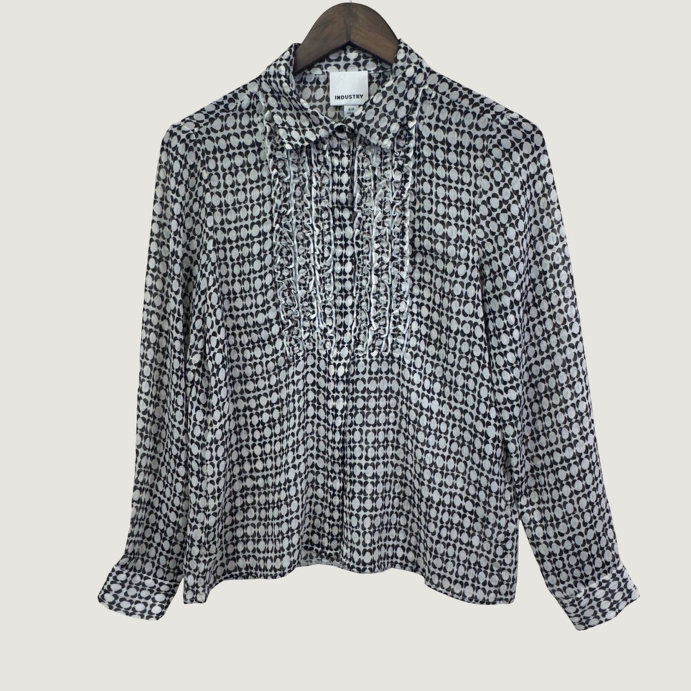 Industry Ruffle Front Blouse SP Black White Geometric Metallic Office Siren